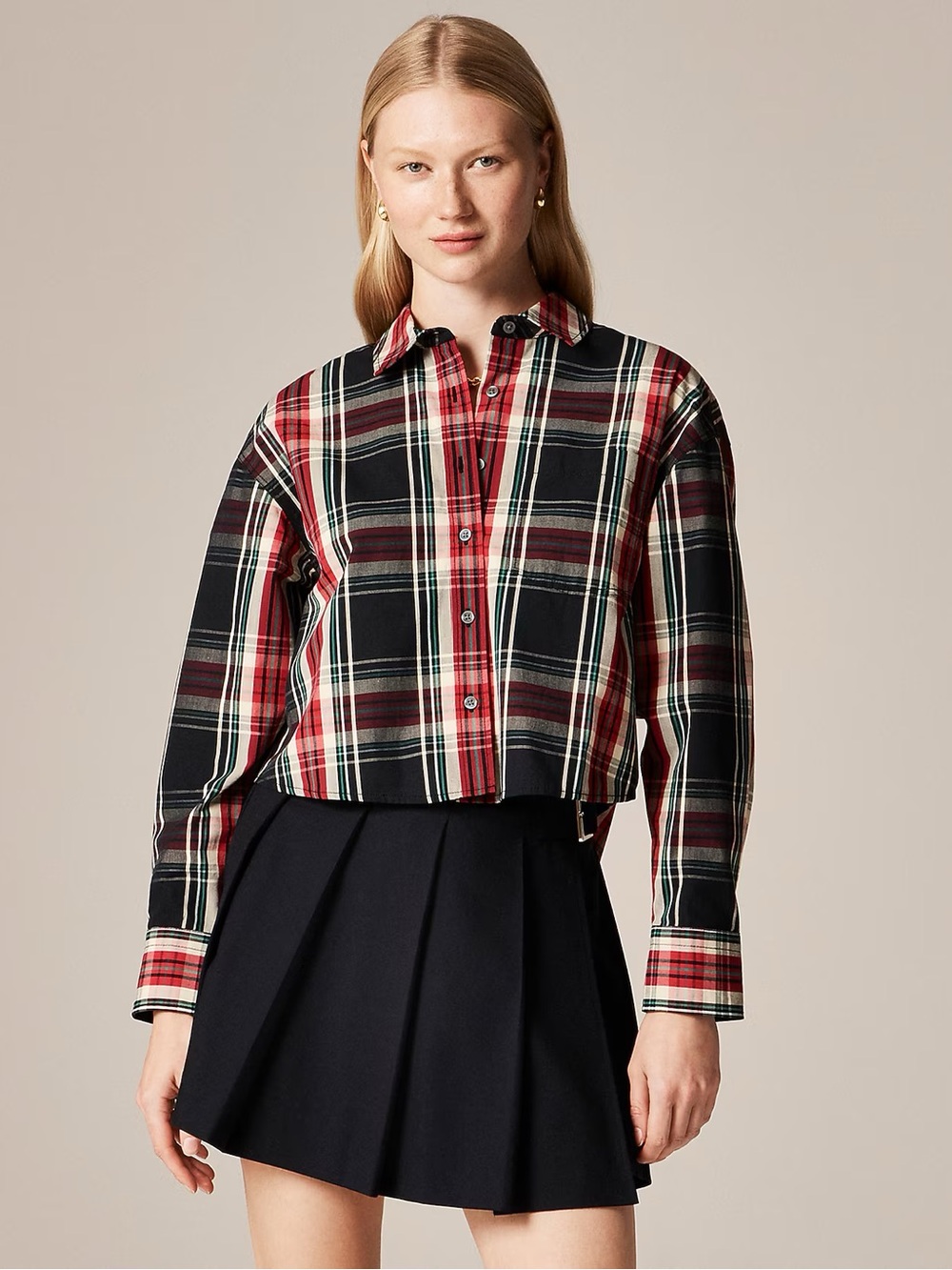 J. Crew Red & Black Plaid Cropped Button-Down Shirt